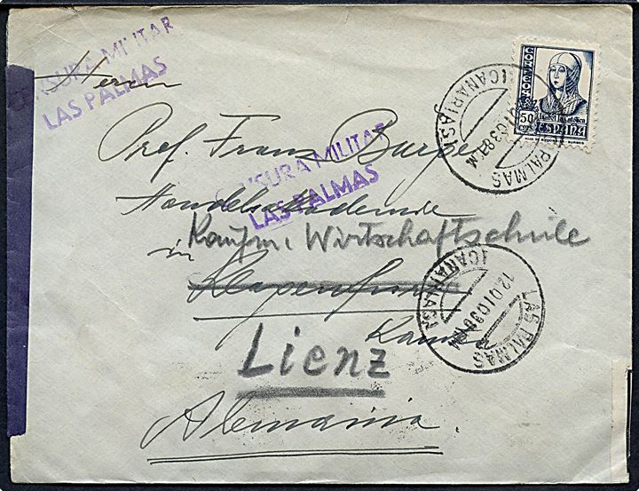 50 cts. Isabel på brev fra Las Palmas d. 12.12.1938 Klagenfurt, tysk indlemmet Østrig - eftersendt til Lienz. Åbnet af lokal spansk censur på Las Palmas og åbnet af tysk toldkontrol i Klagenfurt d. 7.1.1939.