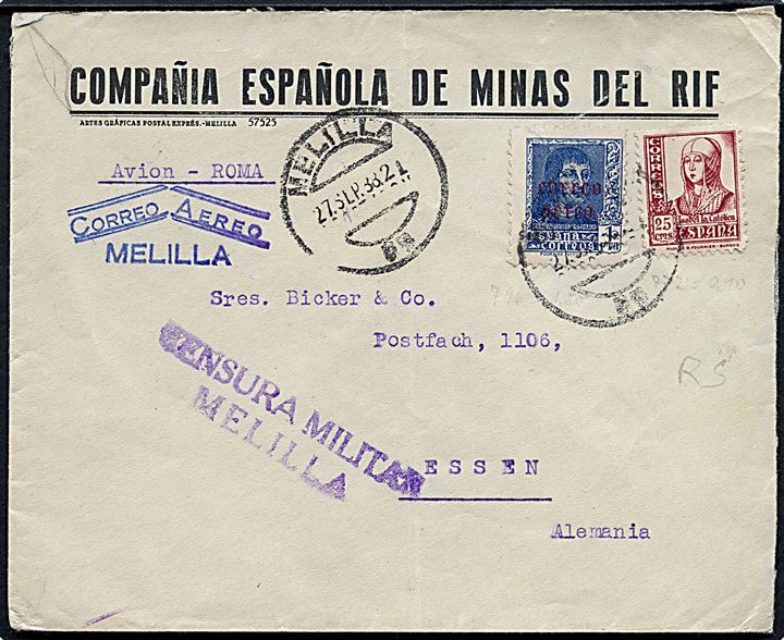 25 cts. Isabel og 1 pta. Luftpost provisorium på luftpostbrev fra Melilla d. 27.9.1938 til Essen, Tyskland. Lokal spansk censur fra Melilla og flere propagandastempler. Melilla er en lille spansk enklave i Nordafrika.