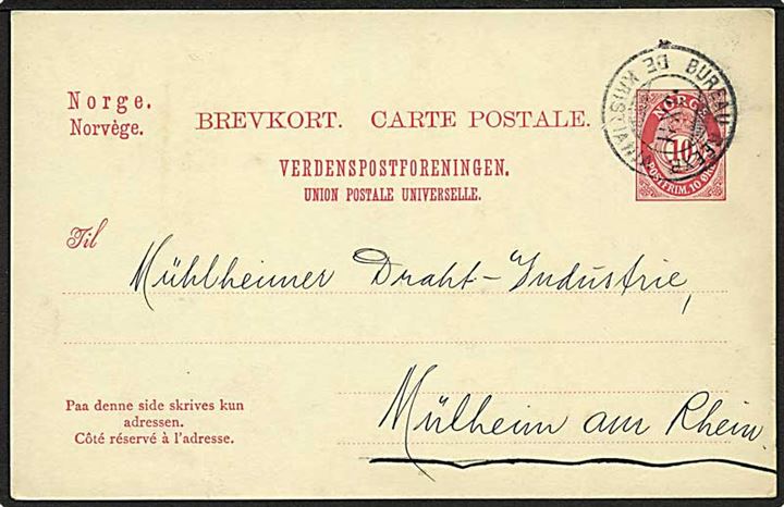 10 øre helsagsbrevkort annulleret med bureaustempel Bureau Reexp. de Kristiania d. 3.10.1911 til Mülheim, Tyskland.