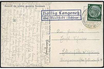 6 pfg. Hindenburg på brevkort (Christianswarf, Hallig Langeness) annulleret Ockholm über Bredstedt (Schl.) d. 6.3.1937 og sidestemplet Hallig Langeness uber Bredstedt (Schlesw) til Eckernförde. Hj. knæk.