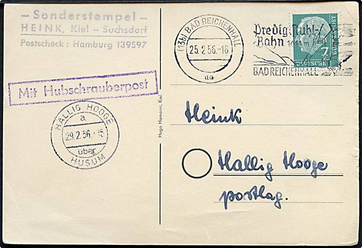 7 pfg. på filatelistisk isluftpost brevkort fra Bad Reichenwall d. 25.2.1956 til poste restante på Hallig Hooge. Rammestempel Mit Hubschrauberpost og ank.stemplet Hallig Hooge über Husum d. 29.2.1956 (skuddag).