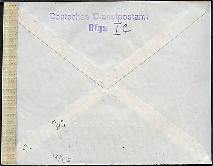 12 pfg. Hitler Ostland provisorium (2) på brev stemplet Riga Deutsche Dienstpost Ostland d. 16.10.1943 til Sulzbach, Tyskland. Åbnet af tysk censur i Königsberg.