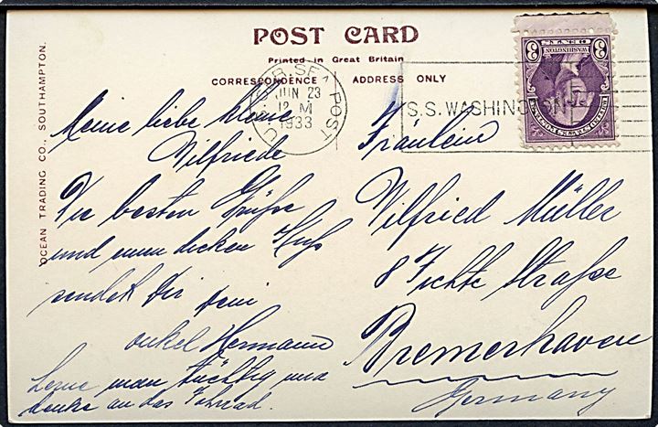 3 cents Washington på brevkort (S/S Washington) annulleret med skibsstempel U.S. GER. SEA POST / S.S. WASHINGTON d. 23.6.1933 til Bremerhaven, Tyskland.