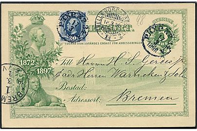 5 öre illustreret helsagsbrevkort opfrankeret med 20 öre Oscar annulleret med bureaustempel PKXP No. 34A d. 17.3.1898 via Trelleborg - Sassnitz *B* til Bremen, Tyskland.