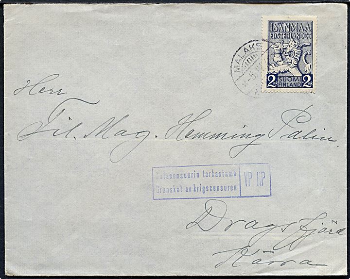 2+2 mk. Forsvarsmærke single på brev fra Malaks d. 5.4.1940 til Kärra i Dragsfjärden. Finsk censur.