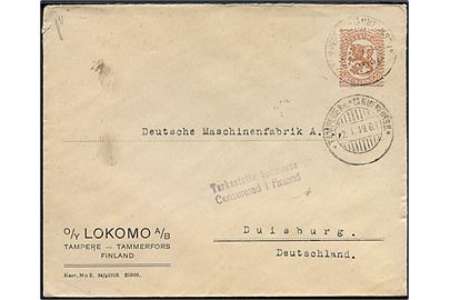 50 p. Løve på fortrykt kuvert fra Lokomo o/y (lokomotivfabrik) annulleret med 2-sproget stempel i Tammerfors d. 2.1.1919 til Duisburg, Tyskland. Finsk 2-sproget borgerkrigscensur Censurerad i Finland.