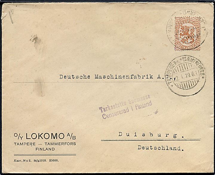 50 p. Løve på fortrykt kuvert fra Lokomo o/y (lokomotivfabrik) annulleret med 2-sproget stempel i Tammerfors d. 2.1.1919 til Duisburg, Tyskland. Finsk 2-sproget borgerkrigscensur Censurerad i Finland.