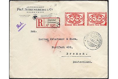 2 mk. Posthusfranko (2) på anbefalet brev fra Jakobstad d. 20.12.1929 til Bremen, Tyskland.