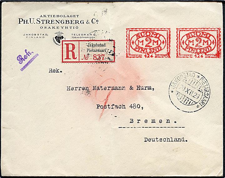 2 mk. Posthusfranko (2) på anbefalet brev fra Jakobstad d. 20.12.1929 til Bremen, Tyskland.