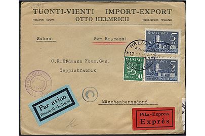 50 pen. Løve og 5 mk. Olofsborg (2) på luftpost ekspresbrev fra Helsingfors d. 12.11.1943 til Münchenberndorf, Tyskland. Finsk censor og åbnet af tysk censur i Berlin.