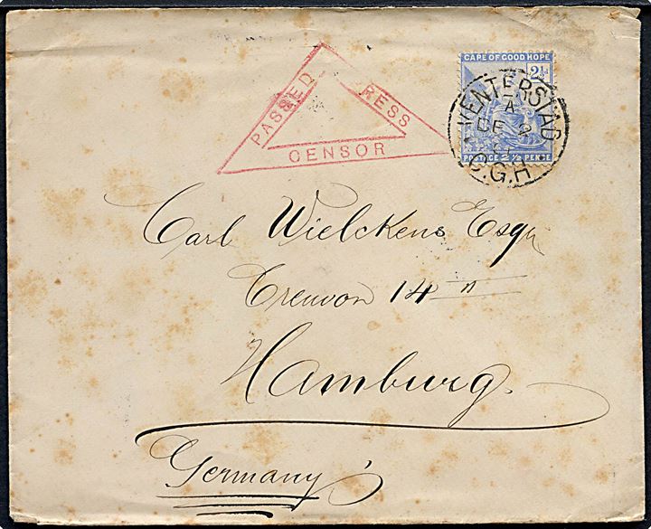 2½d på brev fra Venderstad C.G.H. d. 2.12.1901 til Hamburg, Tyskland. Rødt censurstempel Passed Press Censor. Ank.stemplet i Hamburg d. 23.12.1901.