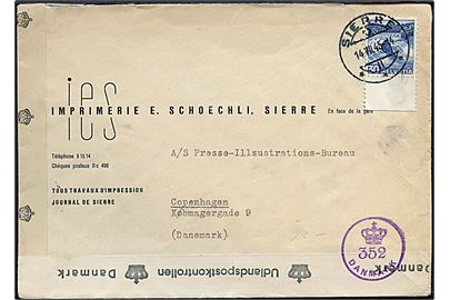 30 c. på brev fra Sierre d. 14.7.1945 til København, Danmark. Åbnet af britisk censur PC90/4994 og dansk efterkrigscensur (krone)/352/Danmark.