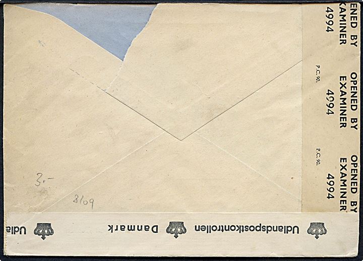 30 c. på brev fra Sierre d. 14.7.1945 til København, Danmark. Åbnet af britisk censur PC90/4994 og dansk efterkrigscensur (krone)/352/Danmark.