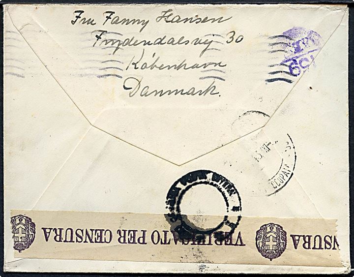 10 øre og 15 øre (par) Chr. X på brev fra København d. 31.5.1943 via Ventimiglia til den italiensk besatte by Menton. Åbnet af italiensk censur. Menton i syd Frankrig var besat af Italien i perioden 10.6.1940 til 8.9.1943. 