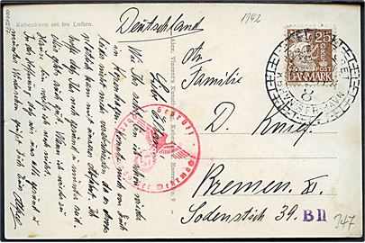 25 øre Karavel på brevkort annulleret med særstempel Postkontoret Kbhvn's Frihavn København 8 d. 19.4.1942 til Bremen. Tysk censur fra Hamburg.