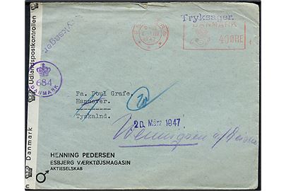 Tryksag frankeret som brev med 40 øre posthusfranko fra Esbjerg d. 1.3.1947 til Hannover, Tyskland - eftersendt. Åbnet af dansk efterkrigscensur (krone)/684/Danmark.