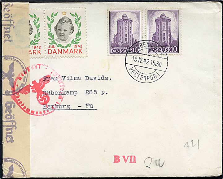 10 øre Rundetårn (2) og Julemærke 1942 på brev annulleret med brotype IId København V. Vesterport d. 18.12.1942 til Hamburg, Tyskland. Åbnet af tysk censur i Hamburg.
