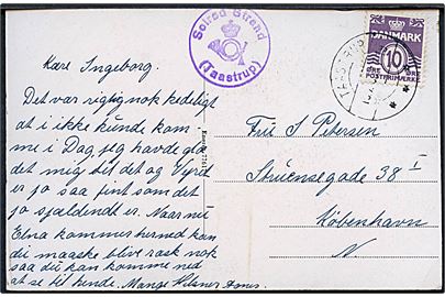 10 øre Bølgelinie på brevkort (Birkevej, Solrød Strand) annulleret Taastrup d. 19.7.1939 og sidestemplet med posthornstempel Solrød Strand (Taastrup) til København.