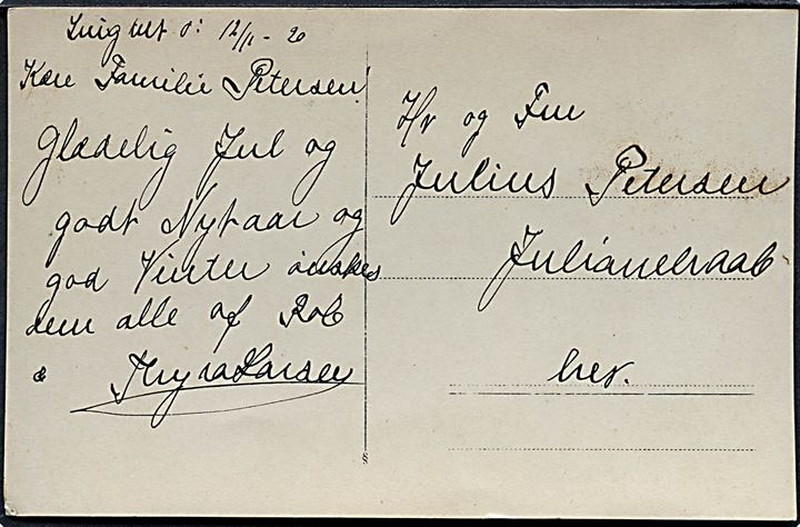 Ufrankeret julekort dateret Ivigtut d. 12.11.1920 til Julianehaab. Sendt fra Maskinmester Robert Larsen og hustru Thyra. 