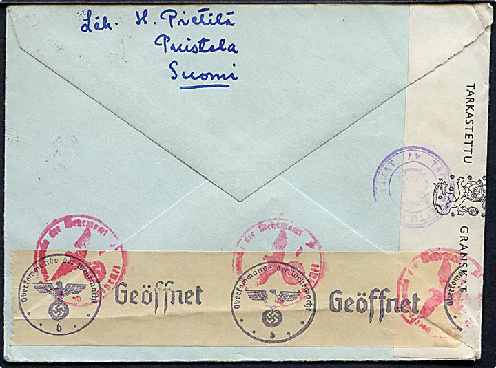 3½ mk. Løve på feltpostbrev med rammestempel Kenntäpostti stemplet Kenttäpostikonttori d. 12.3.1943 til Flugzeugkommando X i Hamburg, Tyskland - eftersendt til Berlin. Åbnet af både finsk og tysk censur. 
