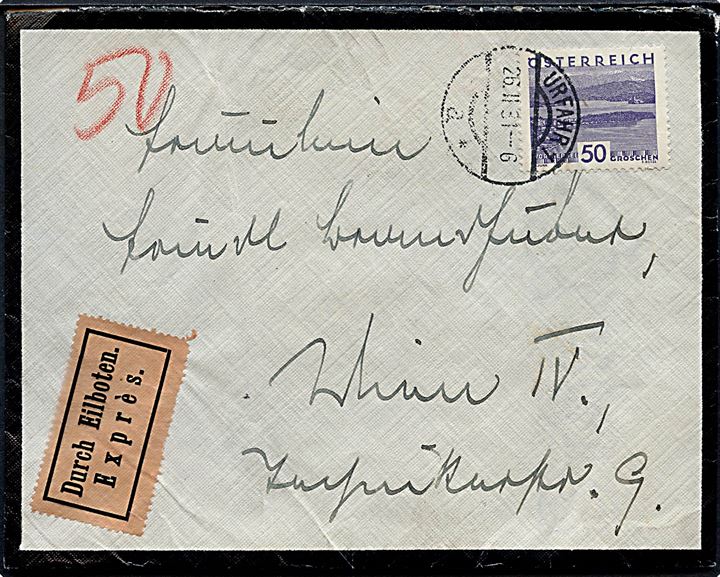 50 gr. single på sørgebrev sendt som ekspres fra Urfahr d. 26.2.1931 til Wien. Antagelig befordret med rørpost i Wien.