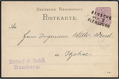 5 pfg. helsagsbrevkort fra Hamburg annulleret med bureaustempel Hamburg - Flensburg d. 22.6.1883 til Itzehoe.