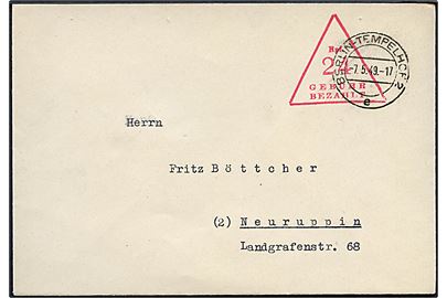 Ufrankeret brev med rødt rammestempel Rpf 24 Bebühr bezahlt stemplet Berlin-Tempelhof2 d. 7.5.1949 til Neuruppin