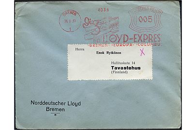 5 pfg. illustreret firmafranko Die 3 im LLOYD-EXPRESS Bremen, Europa, Columbus  på tryksag fra Bremen d. 20.8.1930 til Tavastehus, Finland.