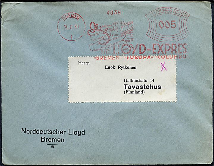 5 pfg. illustreret firmafranko Die 3 im LLOYD-EXPRESS Bremen, Europa, Columbus  på tryksag fra Bremen d. 20.8.1930 til Tavastehus, Finland.