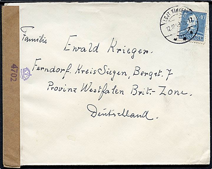 40 øre Chr. X single på brev fra Løjt Kirkeby d. 12.12.1949 til Ferndorf, Tyskland. Åbnet af britisk censur/valutakontrol no. 4702.