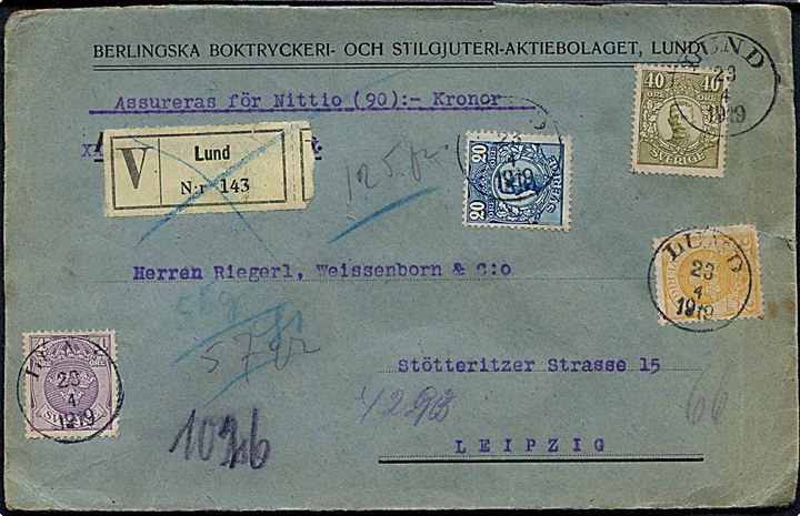 2 öre (defekt), 4 öre Tre Kroner, 20 öre og 40 öre Gustaf på 66 öre frankeret værdibrev fra Lund d. 20.4.1919 til Leipzig, Tyskland.