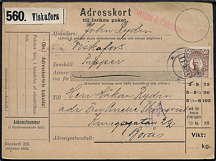 30 öre Gustaf single på adressekort for pakke fra Viskafors d. 11.3.1914 til Borås.