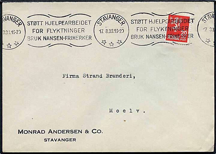 20 øre Løve på brev annulleret med TMS Støtt Hjelpearbeidet for Flygtninger bruk Nansen-Frimerker/Stavanger d. 17.3.1938 til Moelv.