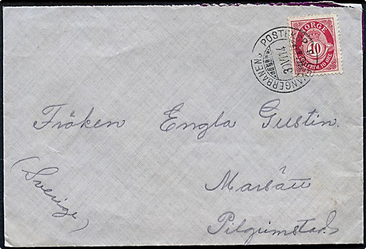 10 øre Posthorn på brev annulleret med bureaustempel Levangerbanens Posteksp. B d. 30.7.1914 til Pilgrimstad, Sverige.