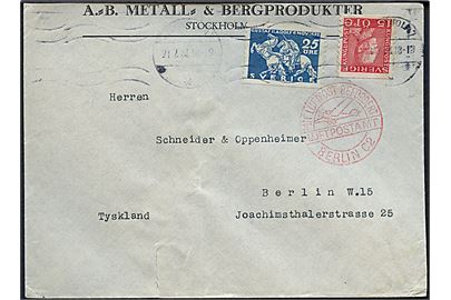 15 öre Gustaf og 25 öre Gustaf II Adolf på luftpostbrev fra Stockholm d. 21.7.1933 til Berlin, Tyskland. Rødt stempel Mit Luftpost befördert Luftpostamt Berlin C2. Bagklap mgl.