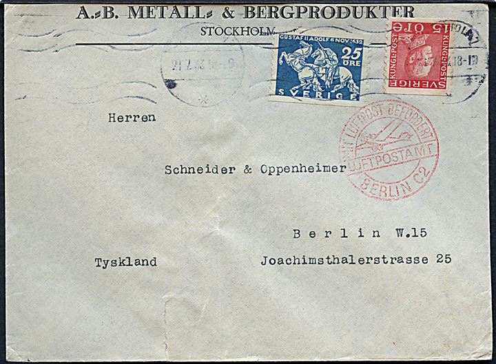 15 öre Gustaf og 25 öre Gustaf II Adolf på luftpostbrev fra Stockholm d. 21.7.1933 til Berlin, Tyskland. Rødt stempel Mit Luftpost befördert Luftpostamt Berlin C2. Bagklap mgl.