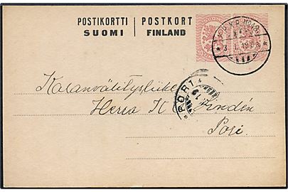 10+10 pen provisorisk helsagsbrevkort dateret Urjala annulleret med udslebet bureaustempel K.P.X.P. no. 48 d. 3.1.1919 til Pori.
