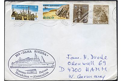 140 m. blandingsfrankeret brev stemplet Alexandria til Hamm, Tyskland. Sidestemplet med privat skibsstempel: MS Dana Sirena / Ancona Patras Heraklion Alexandria.