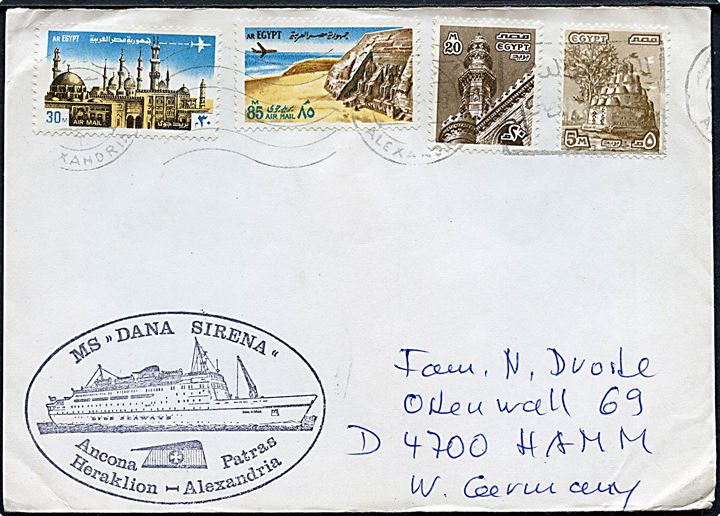 140 m. blandingsfrankeret brev stemplet Alexandria til Hamm, Tyskland. Sidestemplet med privat skibsstempel: MS Dana Sirena / Ancona Patras Heraklion Alexandria.