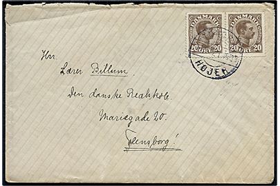 20 øre Chr. X i parstykke på brev annulleret med bureaustempel Tønder - Højer T.1533 d. 11.5.1922 til Flensburg, Tyskland.