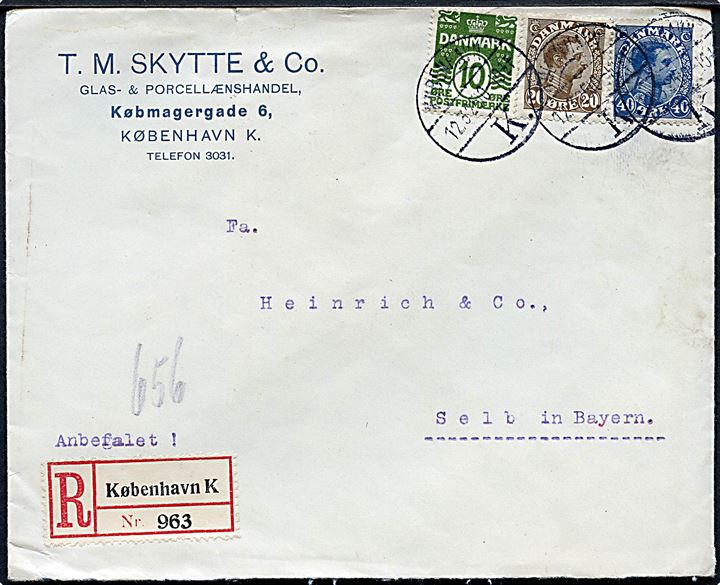 10 øre Bølgelinie, 20 øre og 40 øre Chr. X på anbefalet brev fra København d. 12.3.1925 til Selb, Tyskland.