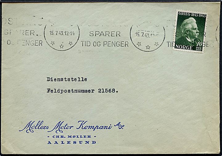 10 øre Grieg kpå brev fra Aalesund d. 15.7.1943 til Dienststelle Feldpostnummer 21568 (= 1. (Bau) Kompanie Festungs-Bau-Bataillon 22) stationeret i Norge.