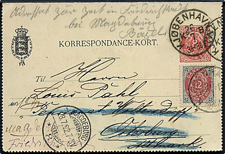 8 øre helsags korrespondancekort opfrankeret med 12 øre Tofarvet fra Kjøbenhavn d. 26.7.1892 til Osterburg, Tyskland - eftersendt til Magdeburg.