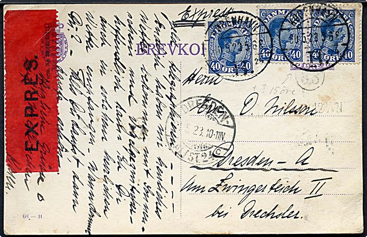 40 øre Chr. X (3) på brevkort sendt ekspres fra København d. 30.5.1923 til Dresden, Tyskland. 15 øre Chr. X helsagsbrevkort (fabr. 68-H) anvendt som postkort. Interessant forsendelse.