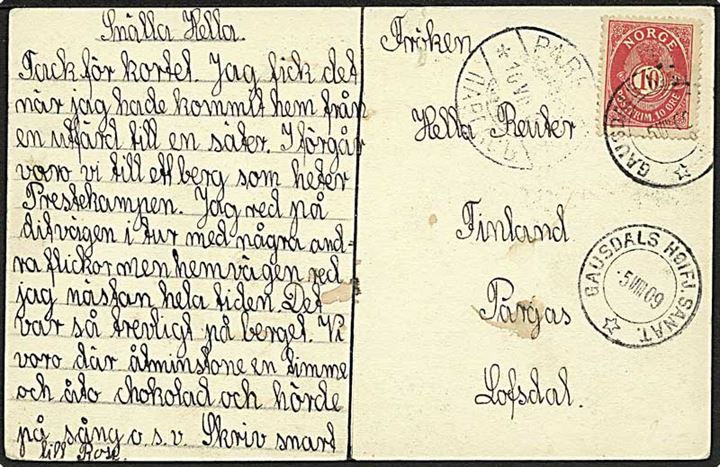 10 øre Posthorn på brevkort stemplet Gausdals Højf. Sanat. d. 5.8.1909 til Pargas, Finland. 