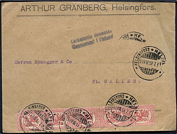 10 pen. Løve i lodret 5-stribe på brev fra Helsingfors d. 10.8.1919 til St. Gallen, Schweiz. 2-sproget borgerkrigscensur Censurerad i Finland.