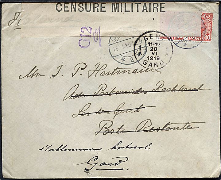 10 øre Chr. X i parstykke på brev fra Hornbæk 1919 til Sas van Gent i Holland - eftersendt til Gent, Blegien og åbnet af belgisk militærcensur.
