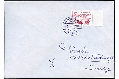 1,60 kr. Jens Kreutzmann på brev annulleret med VIOLET stempel Færingehavn d. 2.4.1983 til Nordingrå, Sverige.