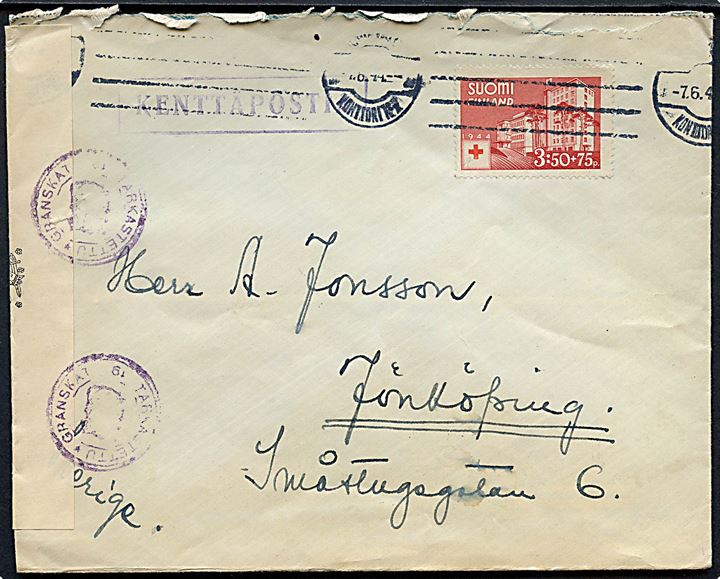 3,50 mk. + 75 pen. Røde Kors udg. på feltpostbrev annulleret Kenttäposti Konttori No. 2 d. 7.6.1944 til Jönköping, Sverige. Åbnet af finsk censur. 