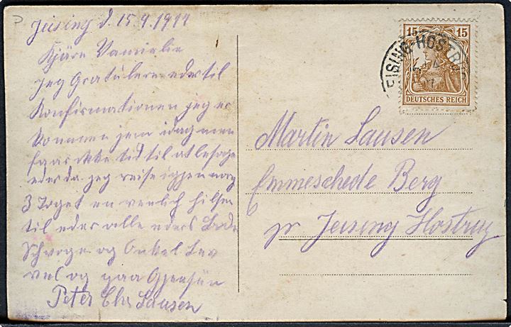 Sønderjyske soldater på lazaret. Fotokort u/no. Frankeret med 15 pfg. Germania stemplet Jeising-Hostrup d. 16.4.1917.